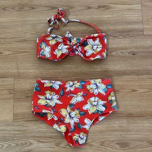 Eberjey Womens 2 Piece Bikini Swimsuit Small Orange Floral High Waisted Ribbed